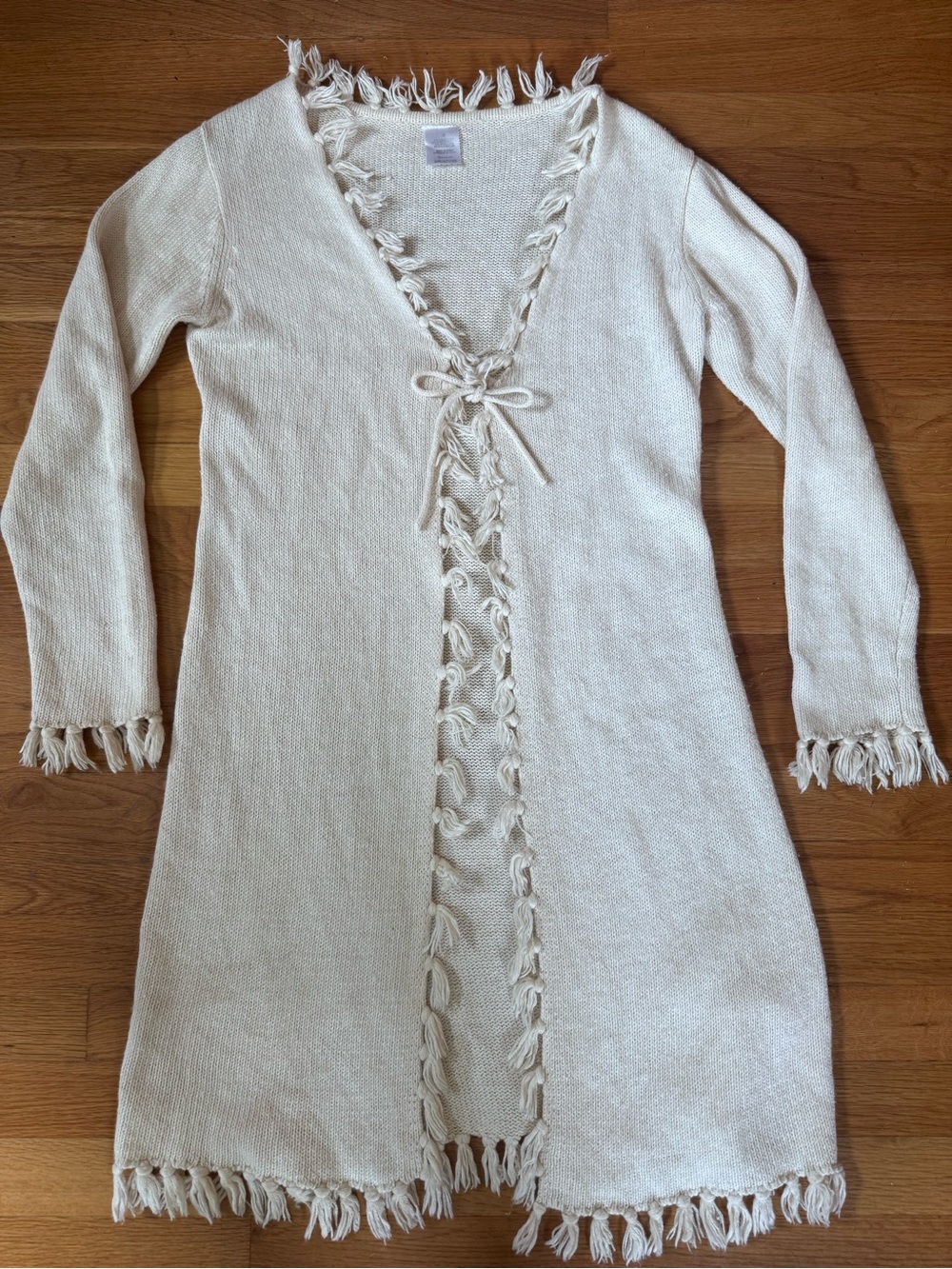 Cream Fringe-Trim Knit Tie Front Long Sweater